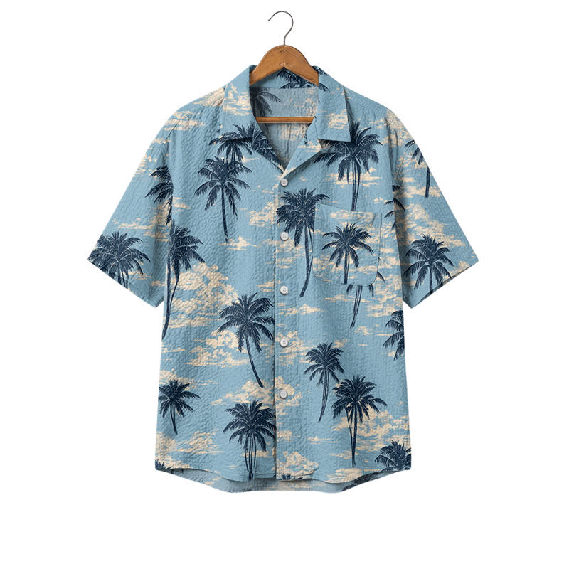 Men's Vintage Palm Tree Print Short Sleeve Cuban Collar Hawaiian Polyester Shirt - Blue - 4XL - image 1