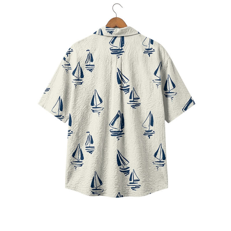 Men's Vintage Sailboat Print Short Sleeve Cuban Collar Polyester Shirt - image 2