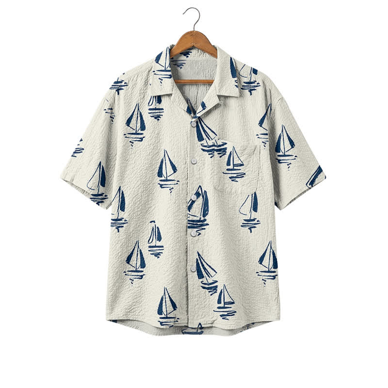 Men's Vintage Sailboat Print Short Sleeve Cuban Collar Polyester Shirt - White - 4XL - image 1