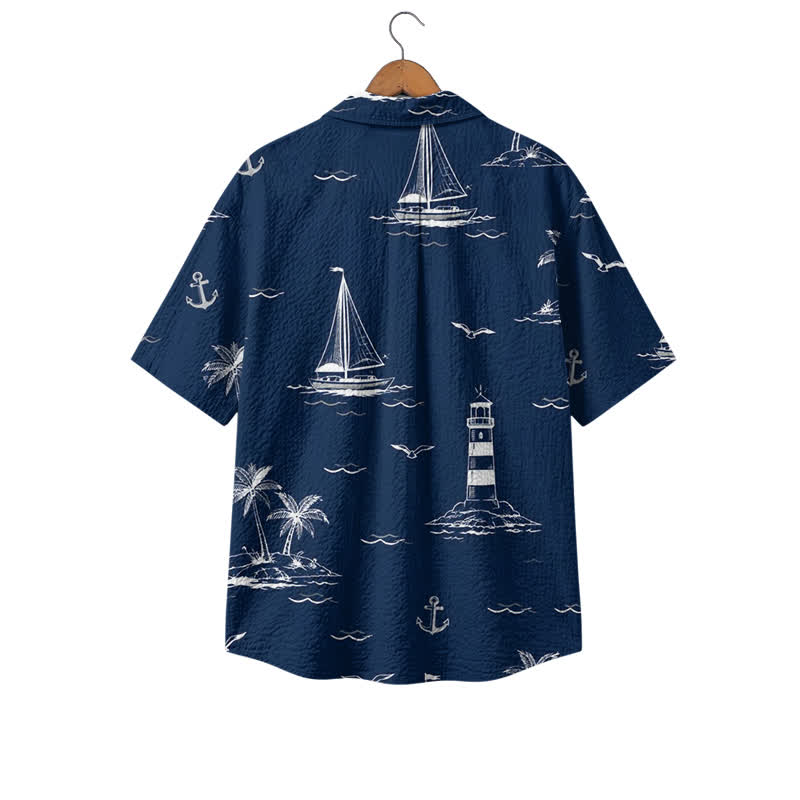 Vintage Nautical Print Short Sleeve Cuban Collar Polyester Shirt for Men - image 2