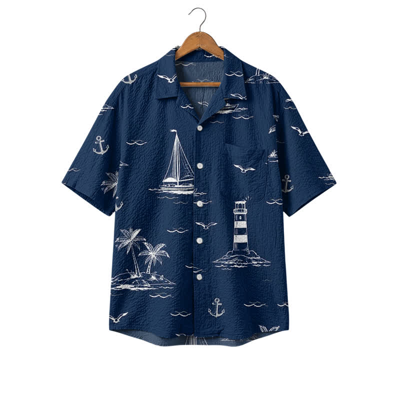 Vintage Nautical Print Short Sleeve Cuban Collar Polyester Shirt for Men - Blue - 4XL - image 1