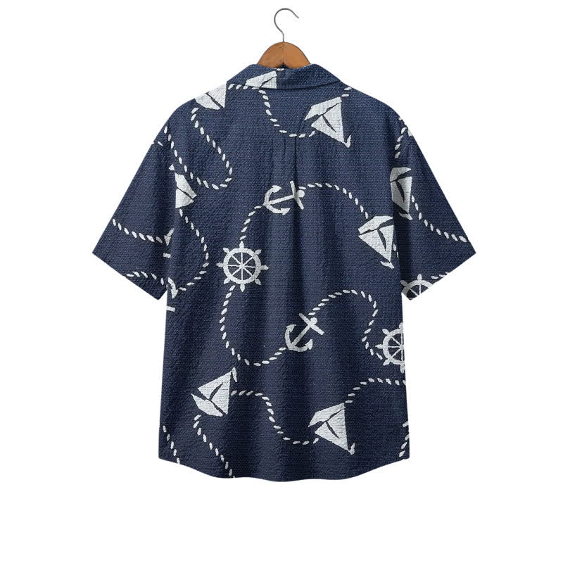Vintage Nautical Print Short Sleeve Cuban Collar Men's Polyester Shirt - image 2