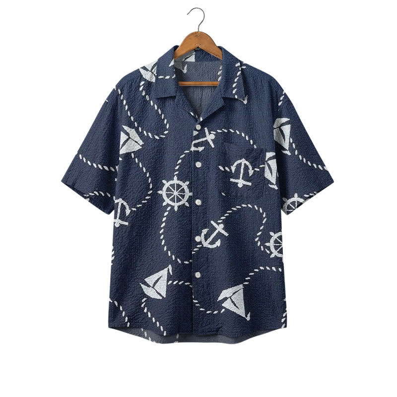 Vintage Nautical Print Short Sleeve Cuban Collar Men's Polyester Shirt - Blue - 4XL - image 1