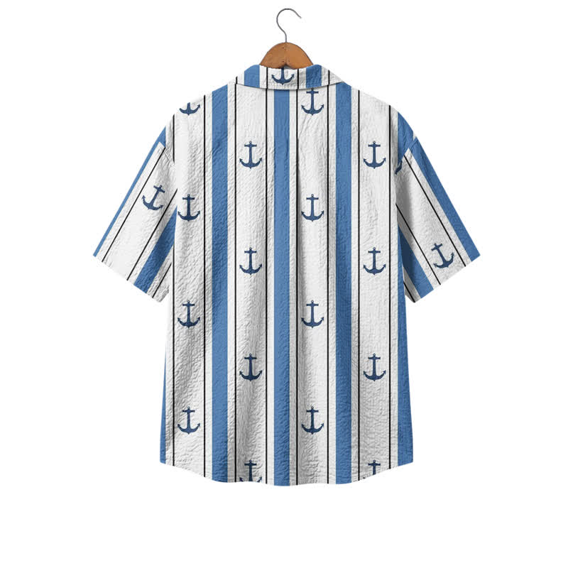 Vintage Harbor Anchor Motif Cuban Collar Men's Polyester Shirt - image 2