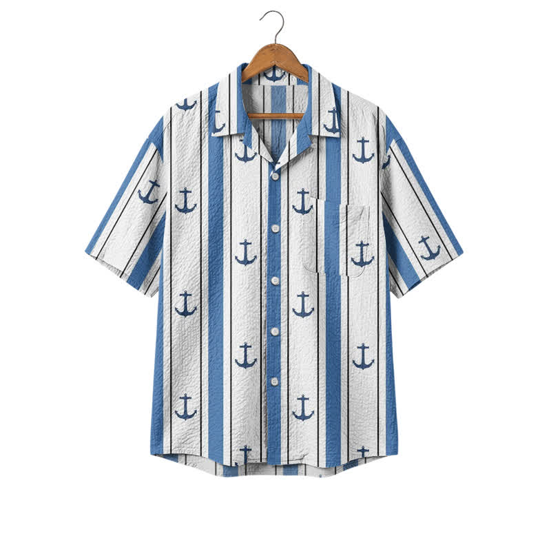 Vintage Harbor Anchor Motif Cuban Collar Men's Polyester Shirt - Blue - 4XL - image 1