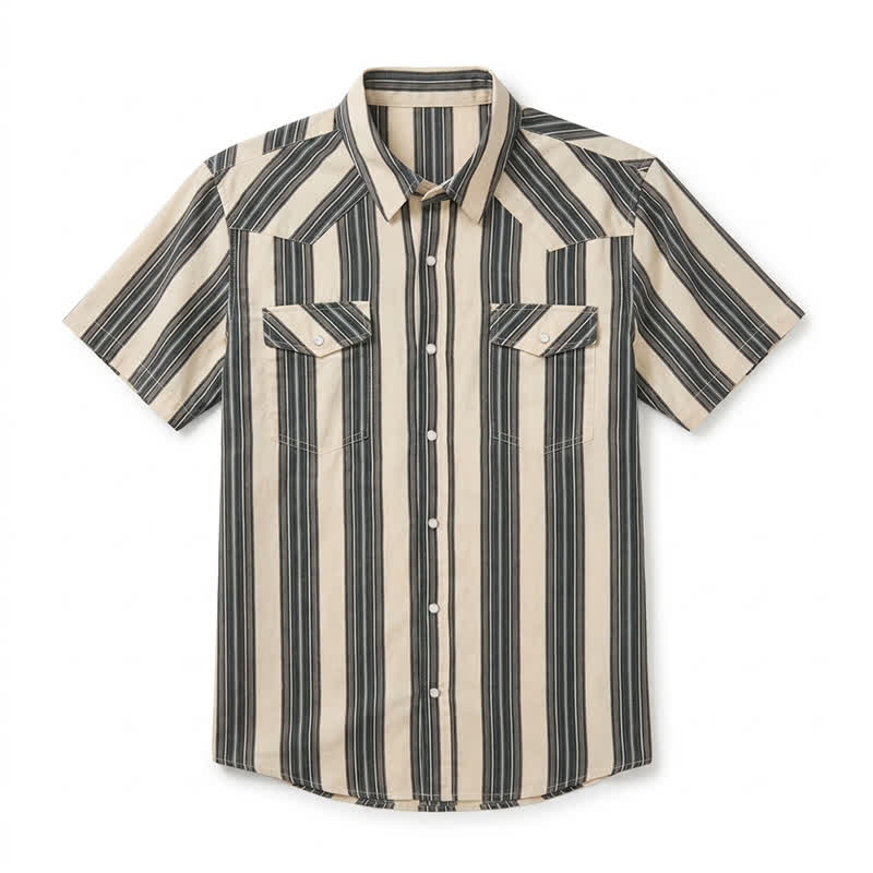 Men's Collar Neck Traditional Striped Short Sleeve Shirt  - Beige - 6XL - image 1