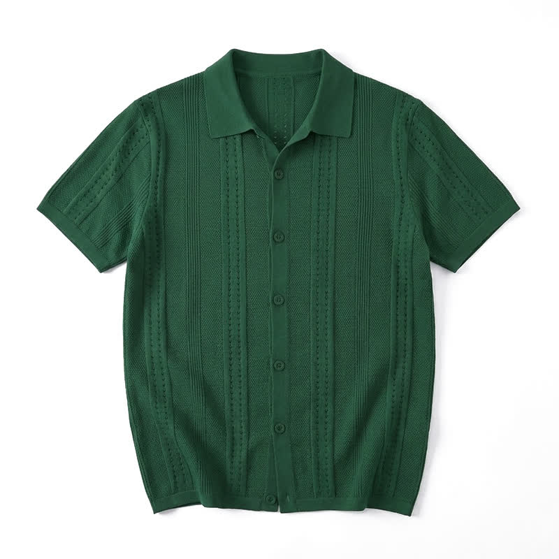 Men's Solid Color Knit Collared Short Sleeve Button Up Polo Shirt - Dark Green - 4XL - image 1