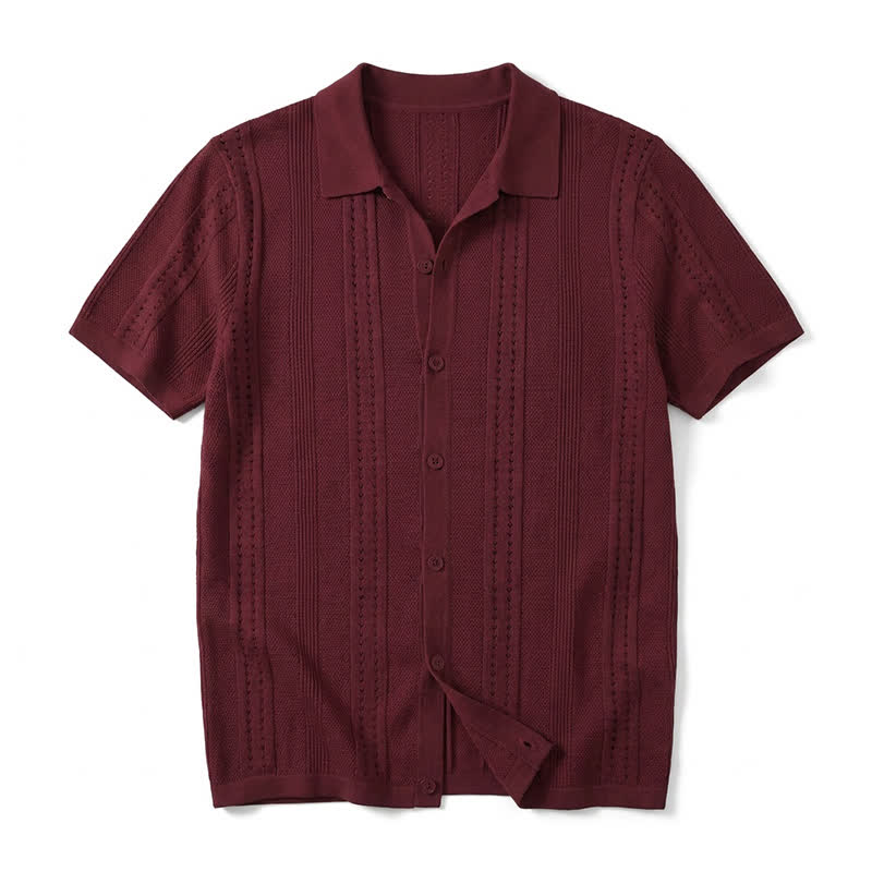Men's Solid Color Knit Collared Short Sleeve Button Up Polo Shirt - Wine - 4XL - image 3
