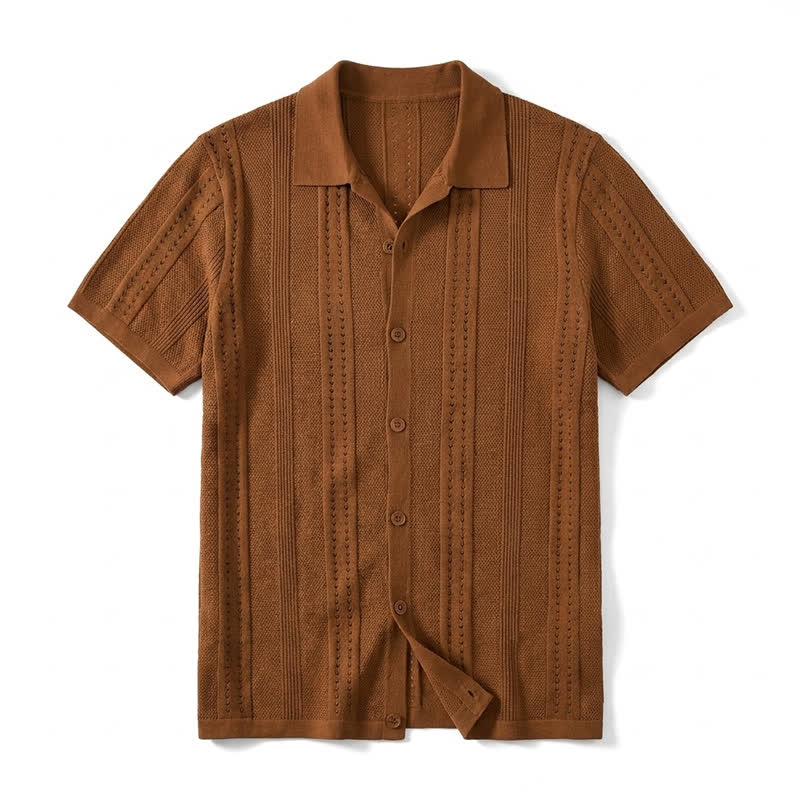 Men's Solid Color Knit Collared Short Sleeve Button Up Polo Shirt - Coffee - 4XL - image 2