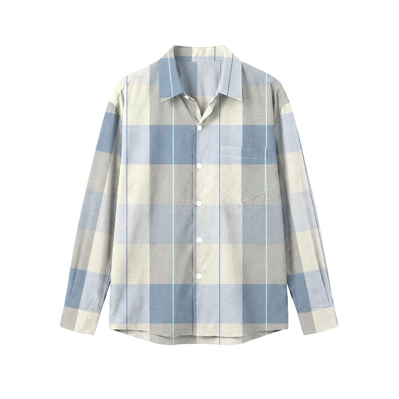 Casual Muted Blue Plaid Straight Cut Men's Long Sleeve Shirt with Classic Collar - Blue - 5XL - image 1
