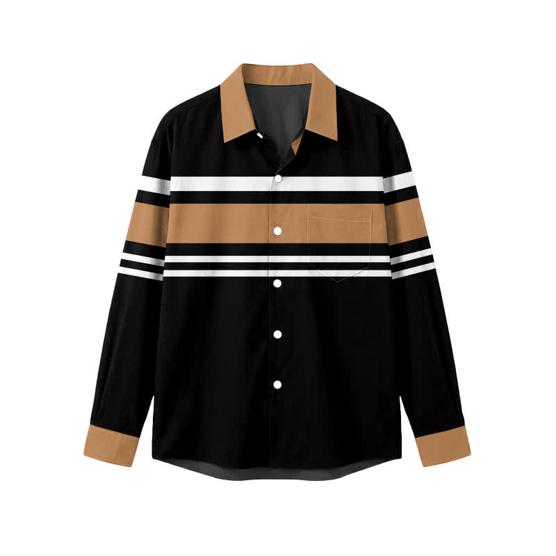 Streetwear Colorblock Stripe Point Collar Men's Long Sleeve Shirt - Black - 5XL - image 1