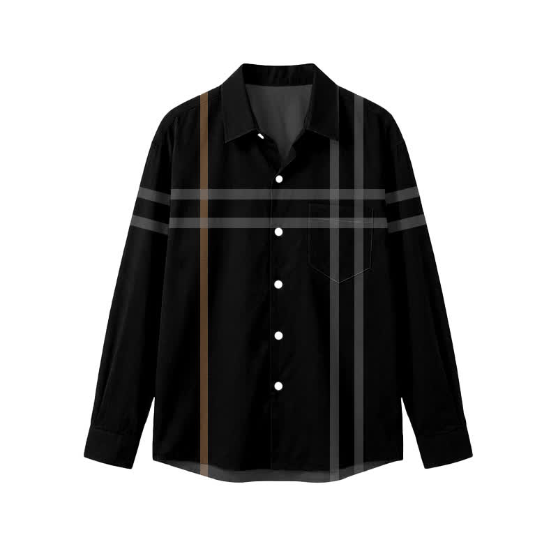 Minimalist Contrast Plaid Regular Cut Point Collar Men's Long Sleeve Shirt - Black - 5XL - image 1