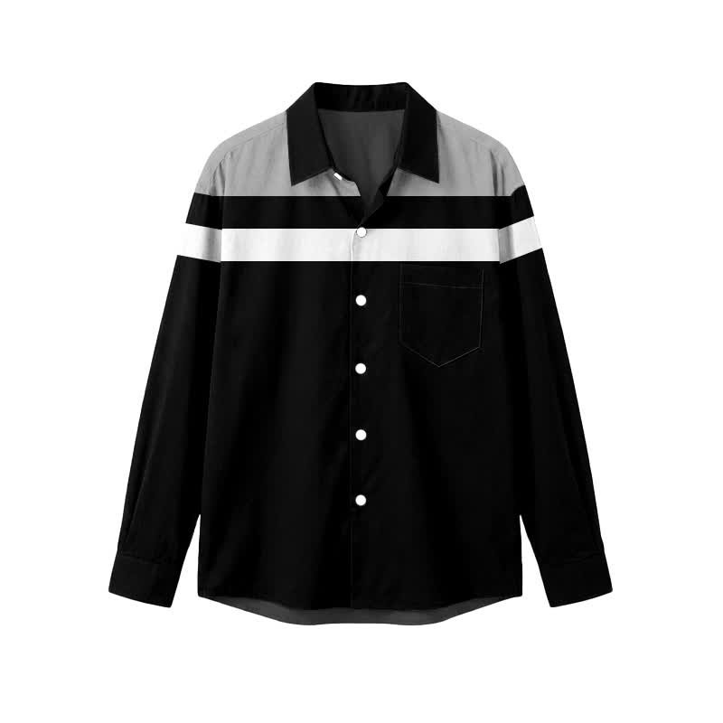 Urban Streetwear Colorblock Stripe Turn-Down Collar Men's Long Sleeve Shirt - Black - 5XL - image 1