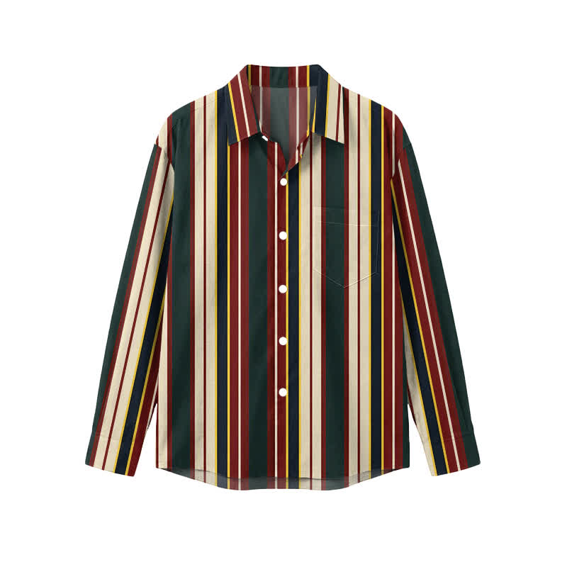 Vintage Multi Stripe Stand Collar Straight Cut Men's Long Sleeve Shirt - Orange - 5XL - image 1