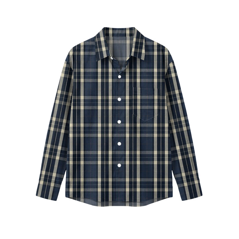 Casual Navy Plaid Turn-Down Collar Men's Long Sleeve Shirt - Blue - 5XL - image 1
