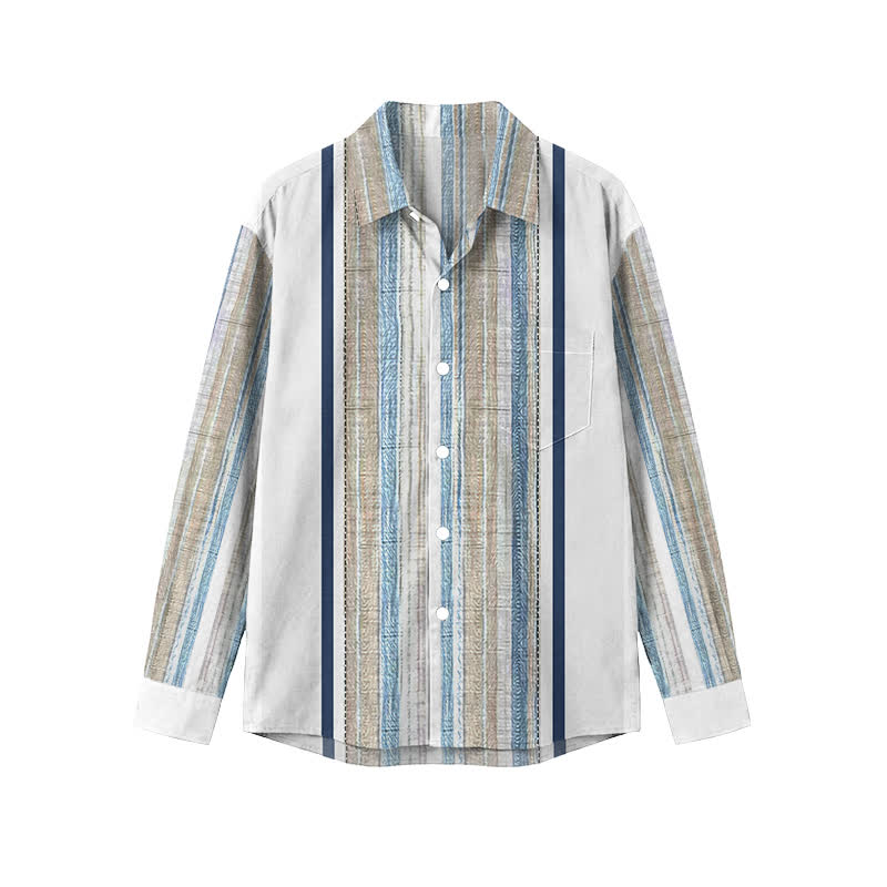 Men's Retro Stripe Design Casual Resort Pocket Long Sleeve Shirt - White - 5XL - image 1