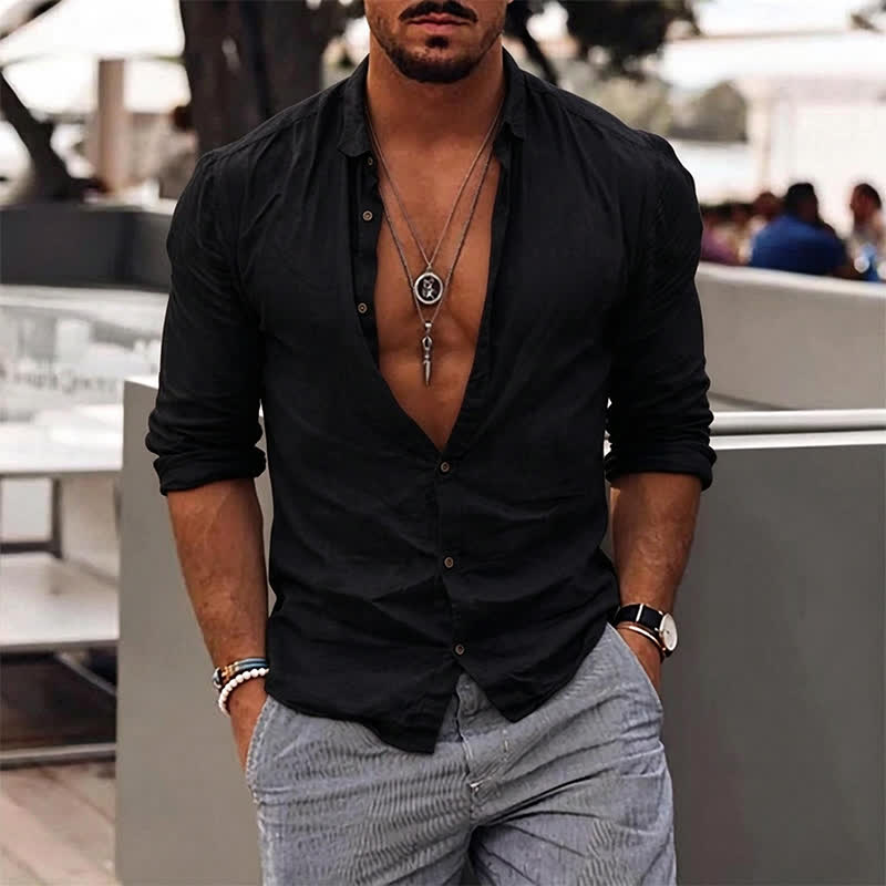Men's Solid Color Holiday Long Sleeve Shirt - Black - 5XL - image 4