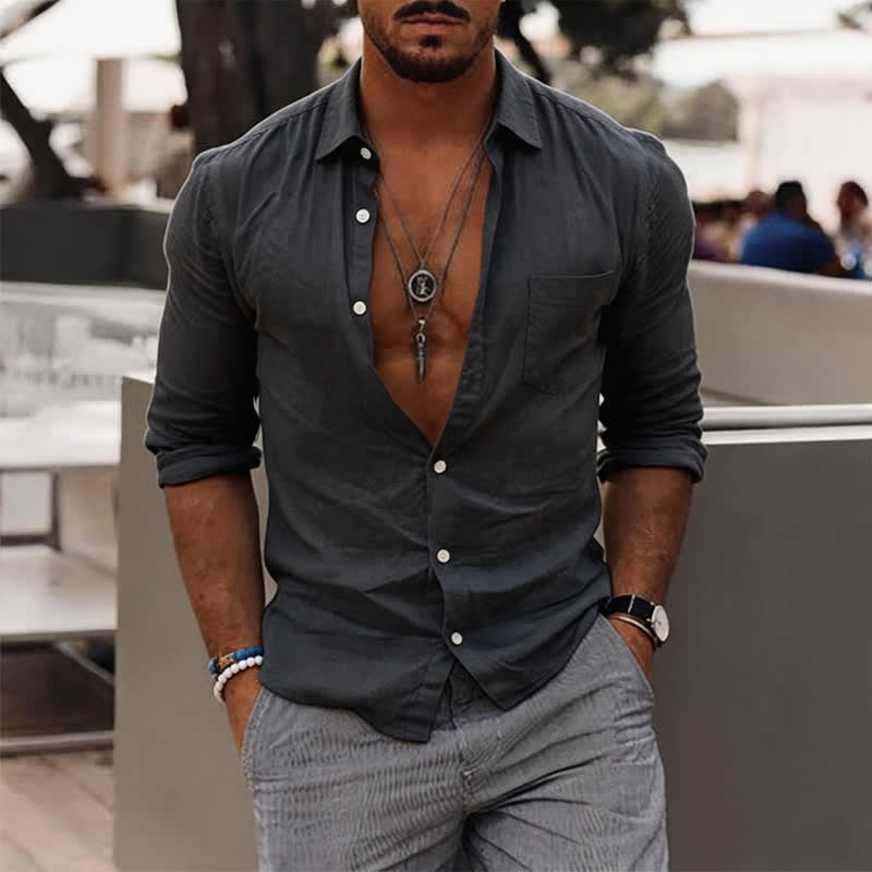 Men's Solid Color Holiday Long Sleeve Shirt - Dark Grey - 5XL - image 3