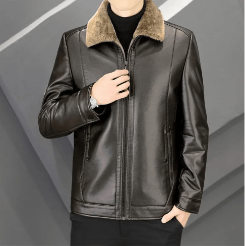 Men's leather jacket, thickened and lined with fleece , Your body temperature can rise by 5 degrees Celsius in just 1 second - Brown - XXXL( 80-90kg) - image 2