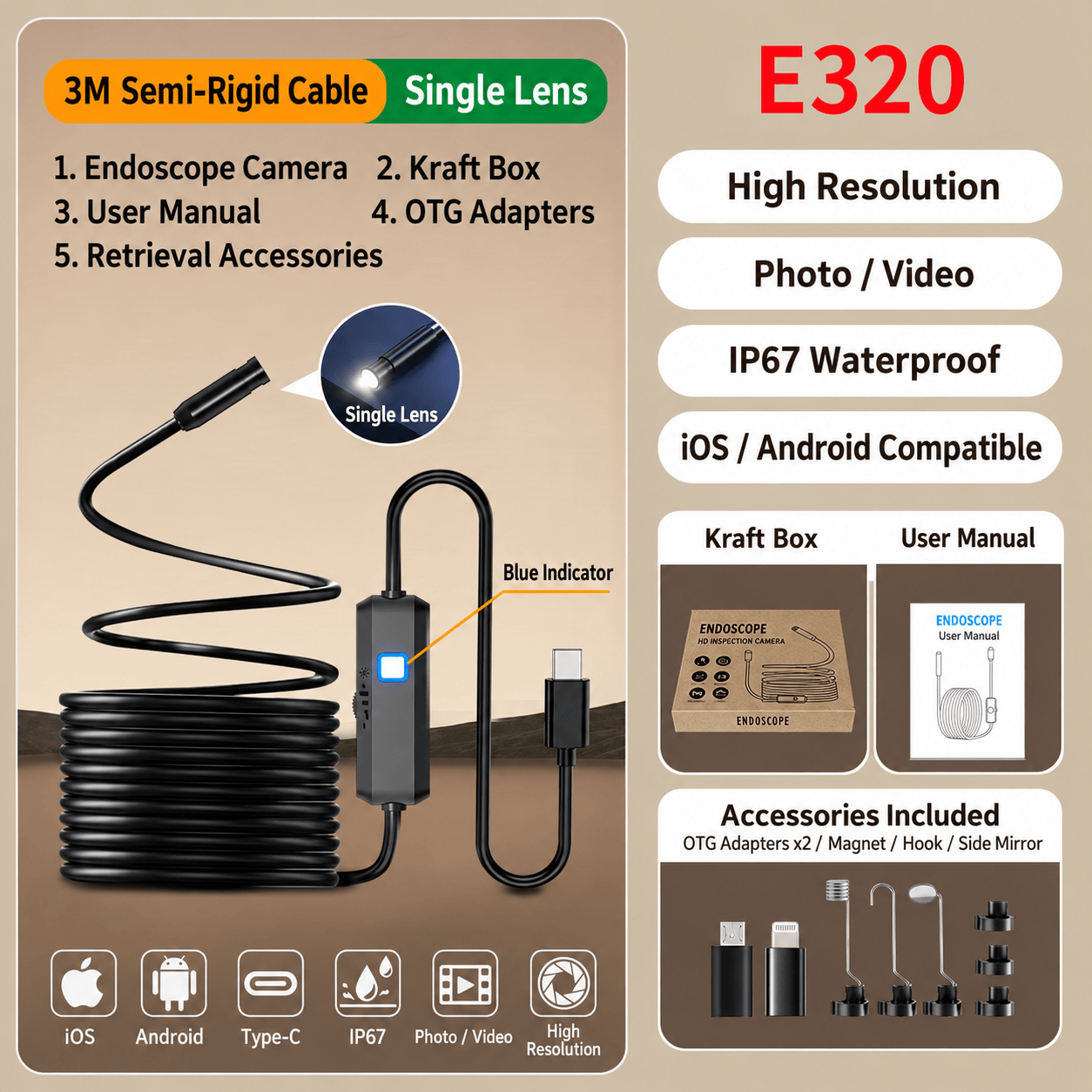 16.4FT(5M) HD Endoscope Camera for iPhone & Android – See What You Can't Reach - E320 Single Cam – 3M - image 10