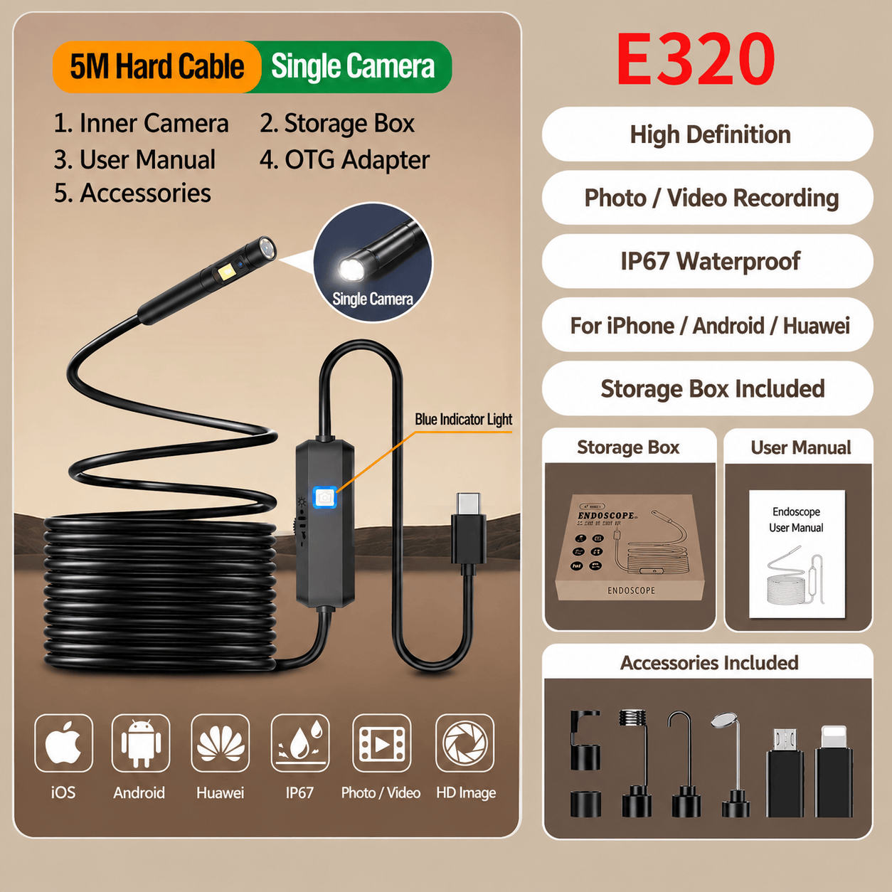 16.4FT(5M) HD Endoscope Camera for iPhone & Android – See What You Can't Reach - E320 Single Cam – 5M - image 11
