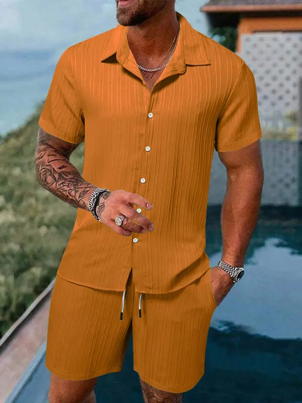 Men's Casual Set –Sleeve Shirt & Shorts, Loose and Comfortable for the Beach and Leisure - Orange - 5XL - image 14