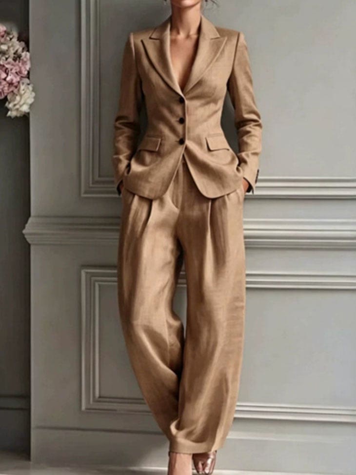 Notched Lapel Long Sleeve Blazer & Wide Leg Pants Two Piece Suit - Coffee - 2XL - image 2