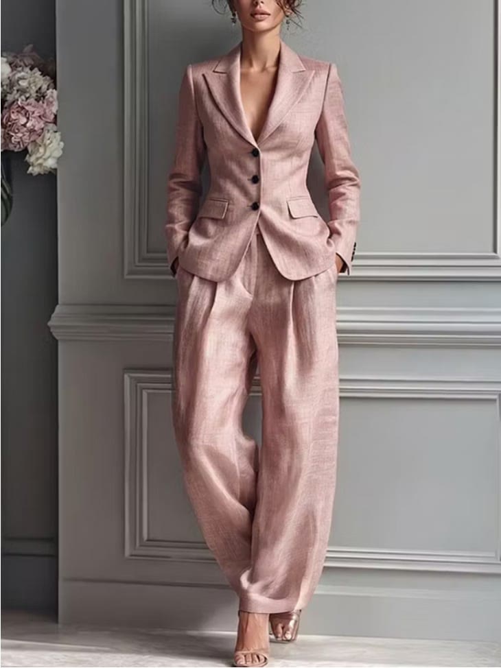 Notched Lapel Long Sleeve Blazer & Wide Leg Pants Two Piece Suit - Pink - 2XL - image 1