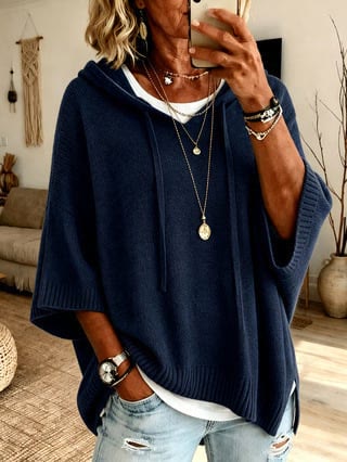 Women's Hooded Drawstring Knit Pullover - Navy Blue - 5XL - image 15