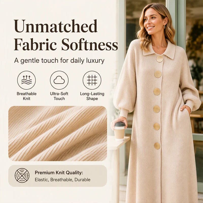 Women's Ribbed Knit Midi Cardigan Dress | Lapel Collar Lantern Sleeve, Statement Button Front - image 2
