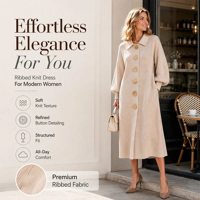 Women's Ribbed Knit Midi Cardigan Dress | Lapel Collar Lantern Sleeve, Statement Button Front - image 1