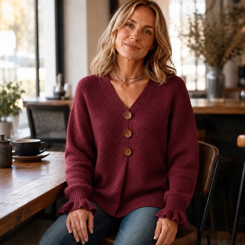 Women's V-Neck Knit Top With Decorative Buttons & Ruffle Cuffs - image 7