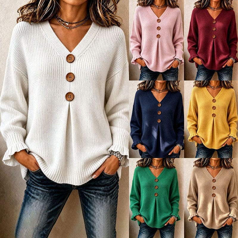 Women's V-Neck Knit Top With Decorative Buttons & Ruffle Cuffs - image 1