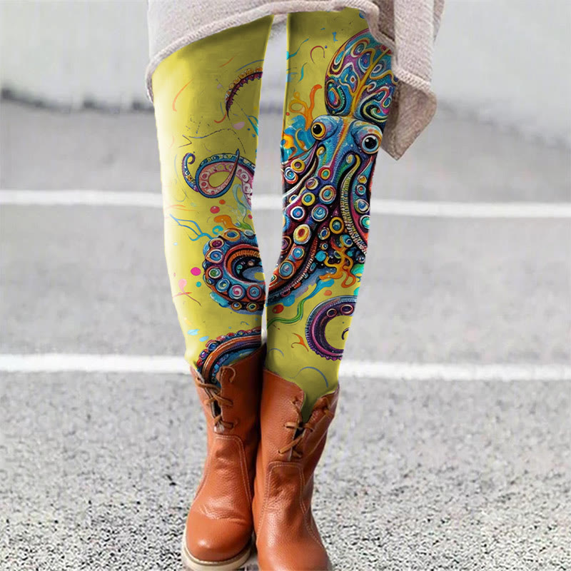 Vintage Rainbow Octopus Art Print Leggings - Yellow - 5XL - image 6