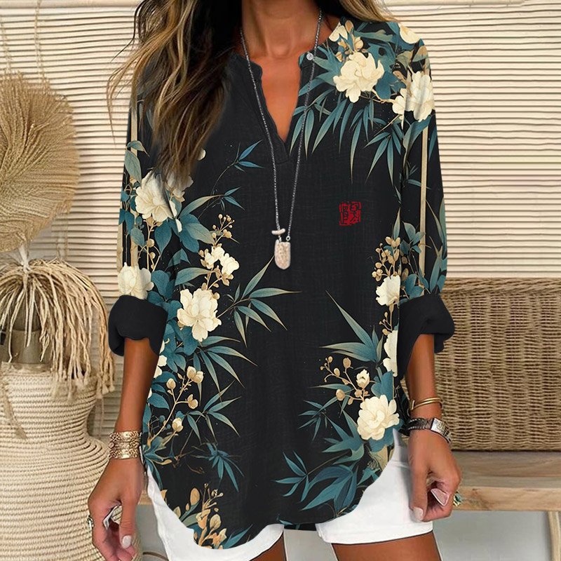 Retro White Peonies Blossom Art Print V Neck Long Sleeve Blouse - Black - 8XL - image 1