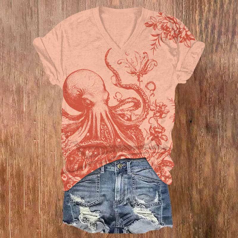 Japanese Watercolor Octopus & Flower Art Print V-neck T-shirt - image 4