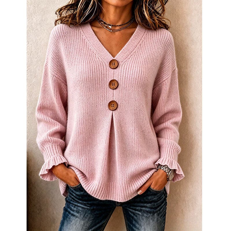 Women's V-Neck Knit Top With Decorative Buttons & Ruffle Cuffs - Pink - 3XL - image 9