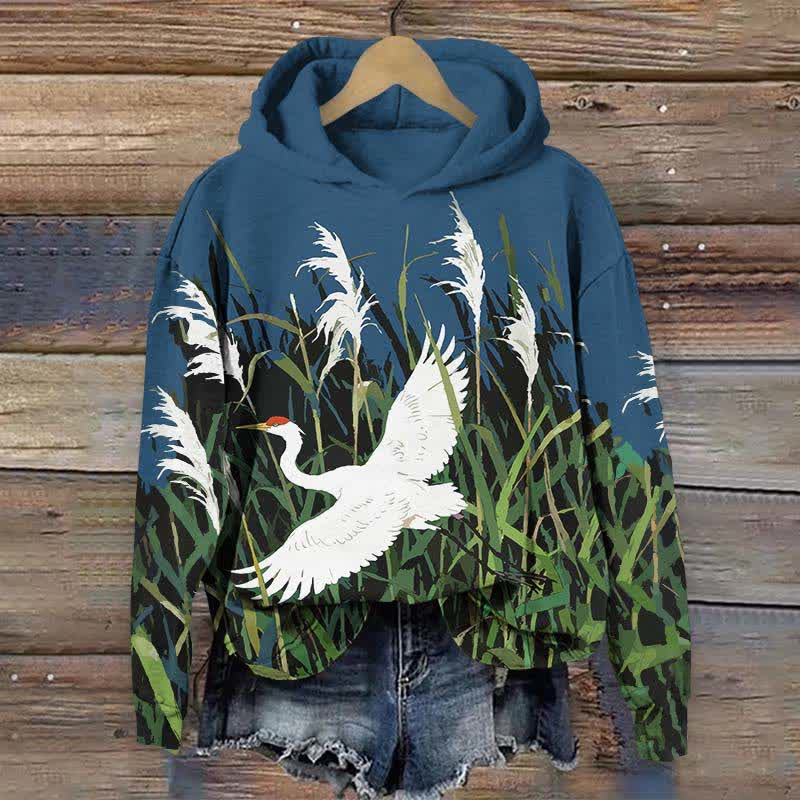Japanese White Crane Flying Across Reed Marsh Print Long Sleeve Hoodie - Blue - US44-46(8XL) - image 3