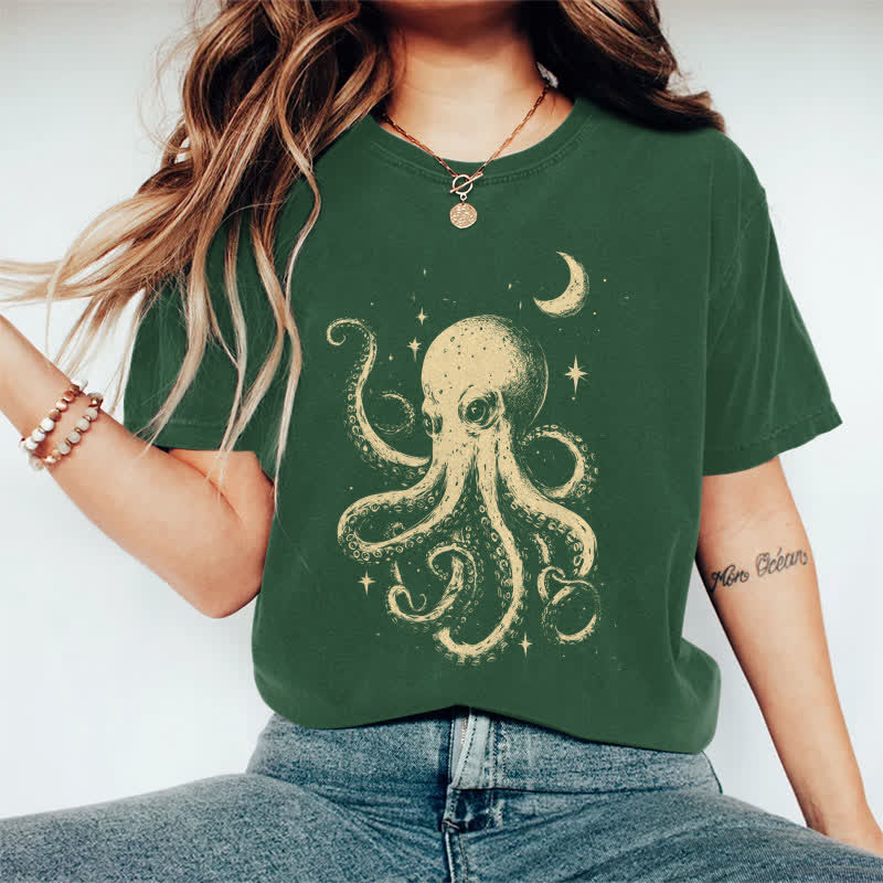 100% Cotton Japanese Watercolor Star & Moon Octopus Art T-shirt - Dark Green - 2XL - image 10
