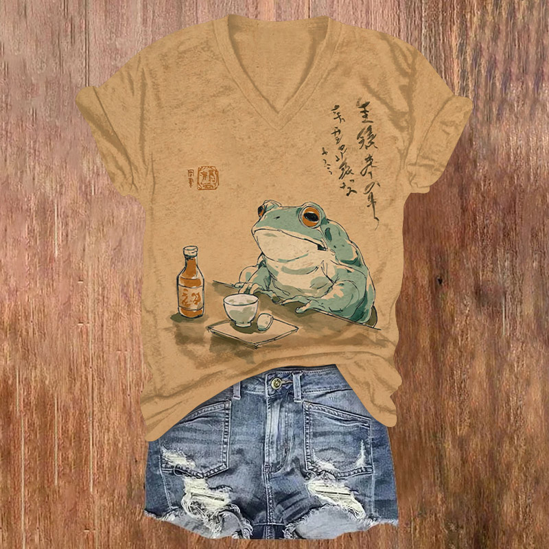 Japanese Frog Drinking Soju Print Short Sleeved V-neck T-shirt - Camel - US32-34(5XL) - image 1