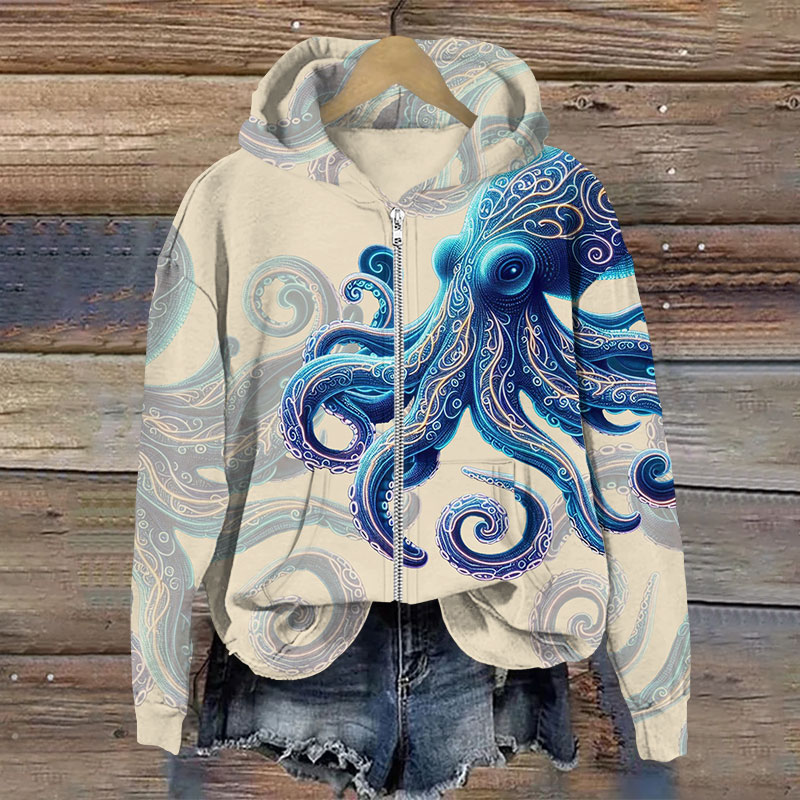 Vintage Wise Ocean Octopus Print Long Sleeve Zipper Hoodie - Apricot - US28-30(4XL) - image 4