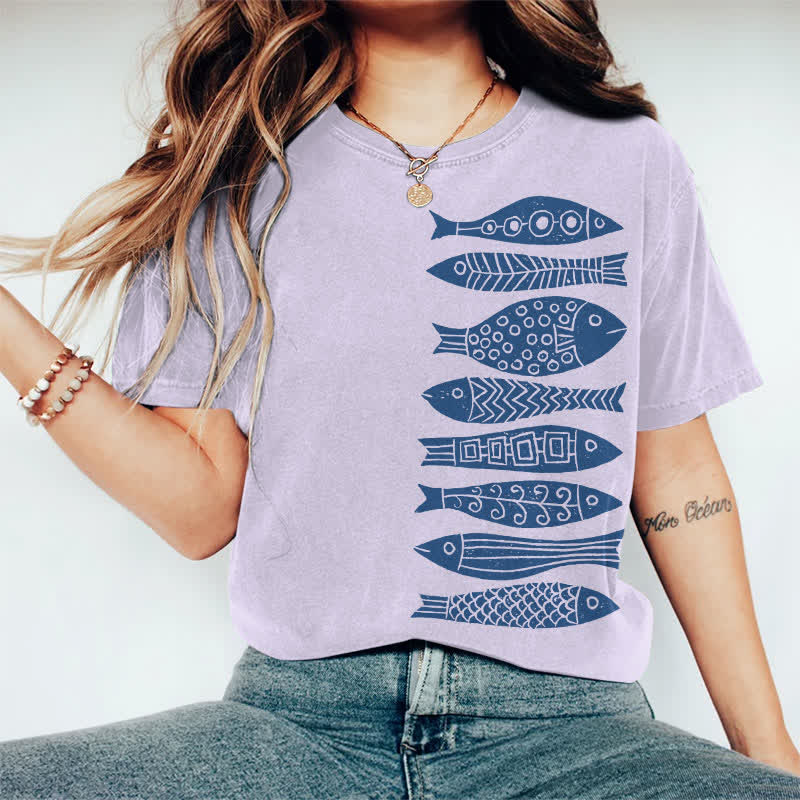 100% Cotton Fish Japanese Lino Art Print Casual T-shirt - Purple - 2XL - image 8