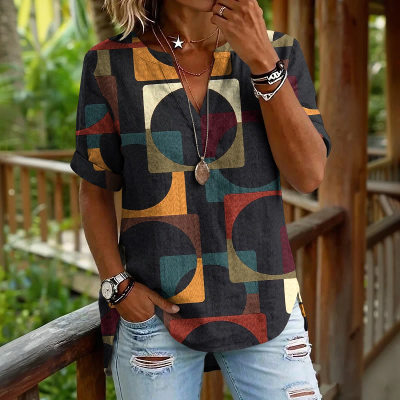 Colorful Squares And Circles Pattern Print Short Sleeve Casual Blouse - Black - 5XL - image 3