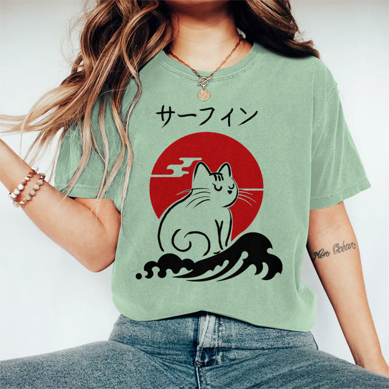 100% Cotton Women's Japanese Sun Angry Cat Art Print Casual T-shirt - Green - 2XL - image 5