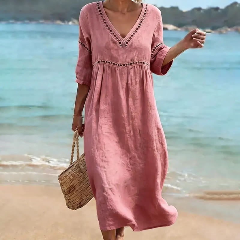 Elegant Solid Openwork Lace V-neck Half Sleeve Maxi Dress - Pink - 3XL - image 4