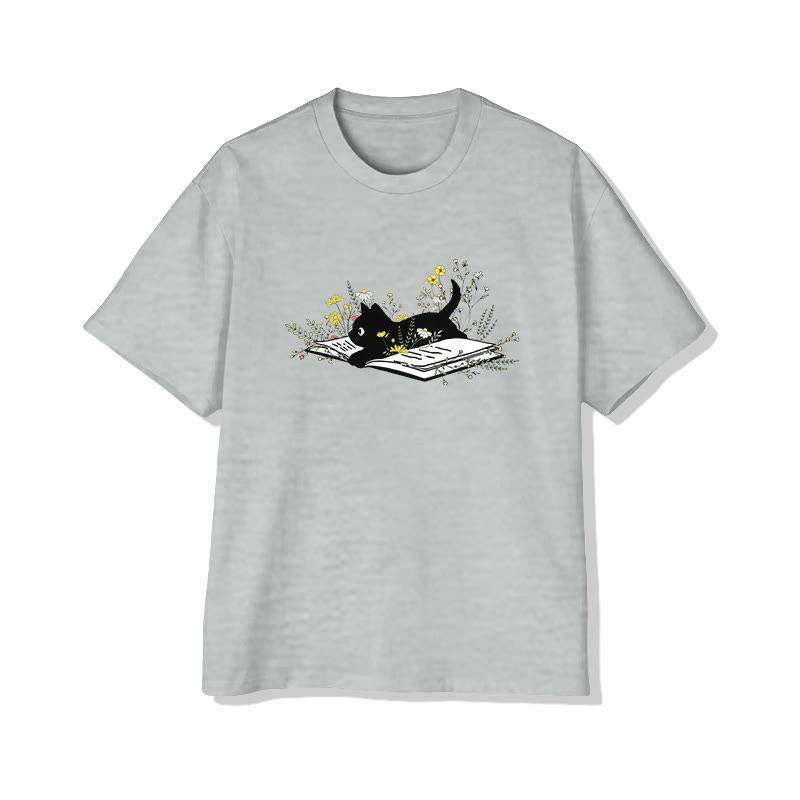 Black Cat Book And Wildflowers Print Pattern Cotton Print T-shirt - Grey - US16-18(2XL) - image 5