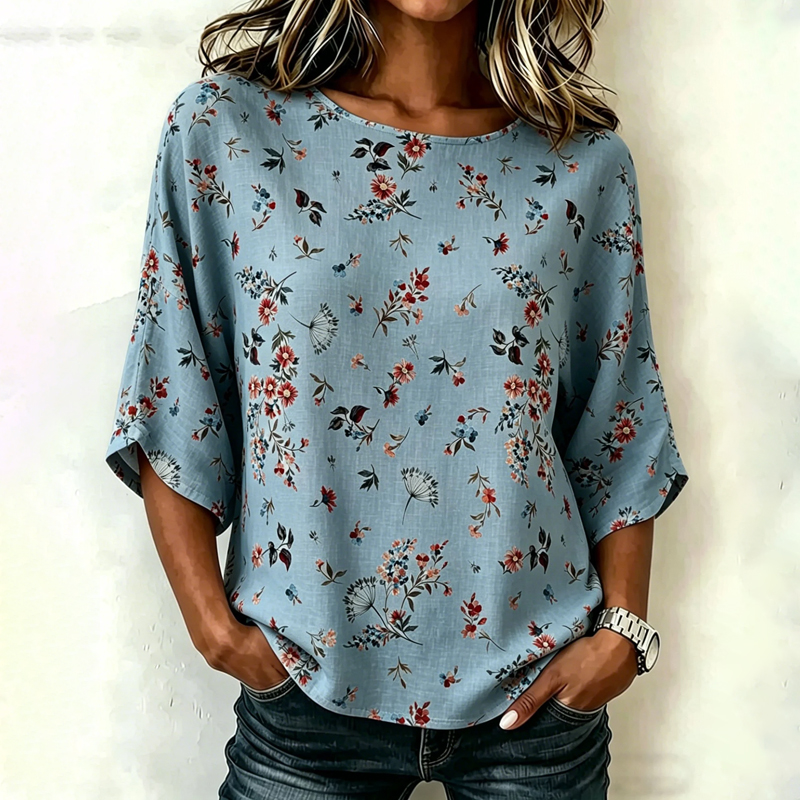  Vintage Dandelion Floral Art Pattern Print Half Sleeve Casual Blouse - Blue - US 28-30 (4XL) - image 2