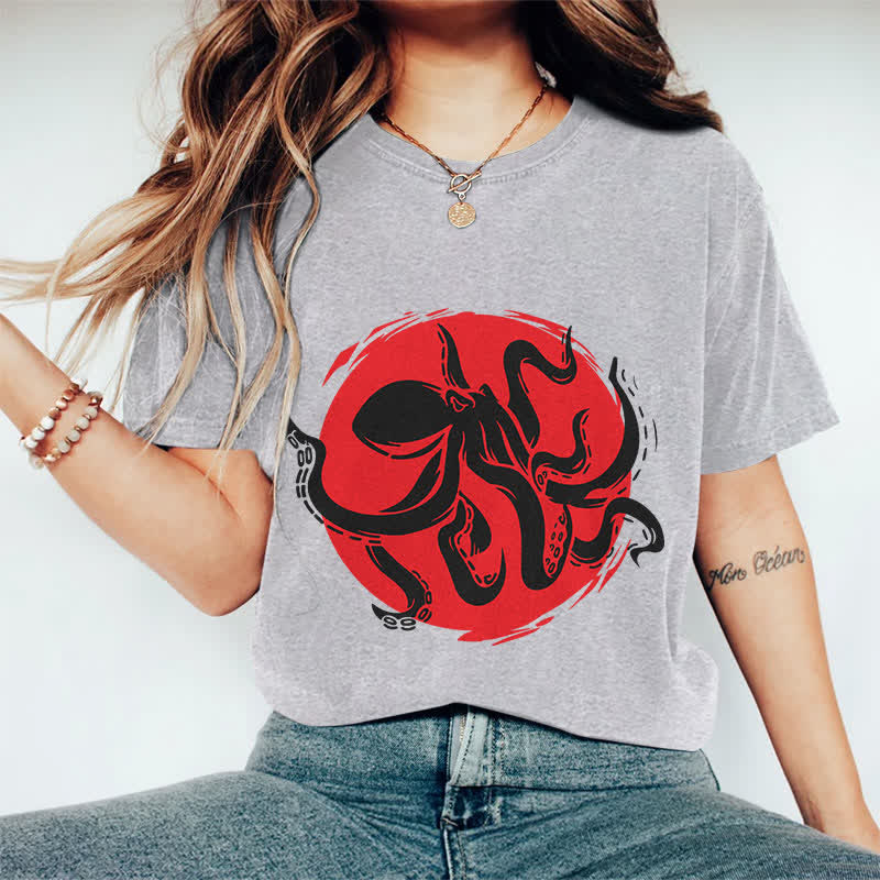 100% Cotton Japanese Abstract Octopus Art T-shirt - Grey - 2XL - image 6