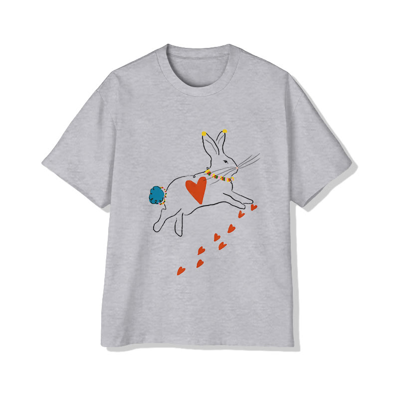 Unisex Valentine's Day Rabbit And Heart Print Short Sleeved Crew Neck T-Shirt - Grey - 2XL - image 3