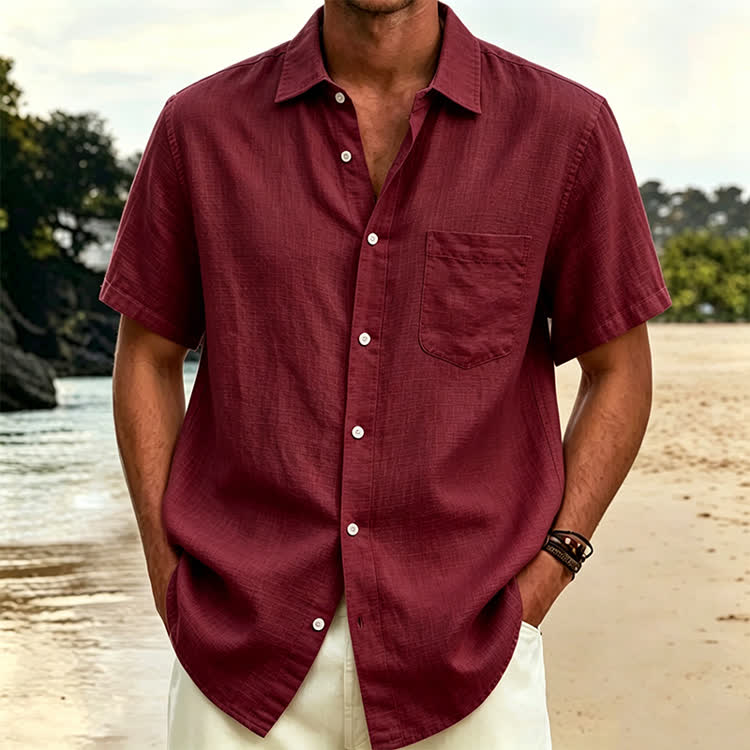 Cozy Solid Texture Button-up Short Sleeve With Pocket Lapel Shirt - Wine - 5XL - image 12